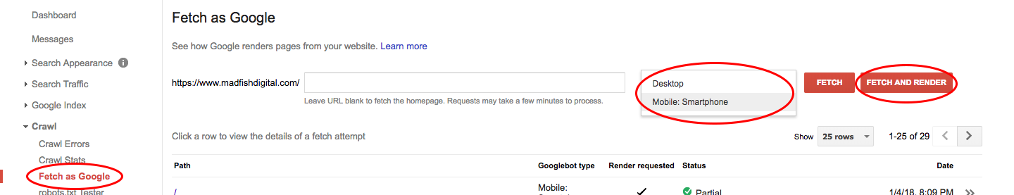 Google Search Console Mobile Fetch & Render