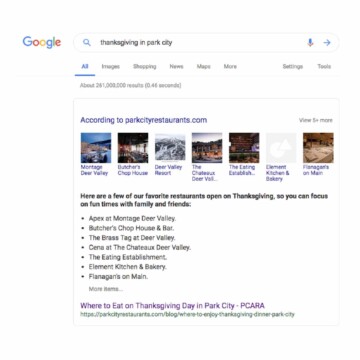 thanksgiving in park city google search screenshot