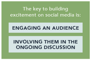 Graphic with words: The key to building excitement on social media is engaging an audience and involving them in the ongoing discussion.