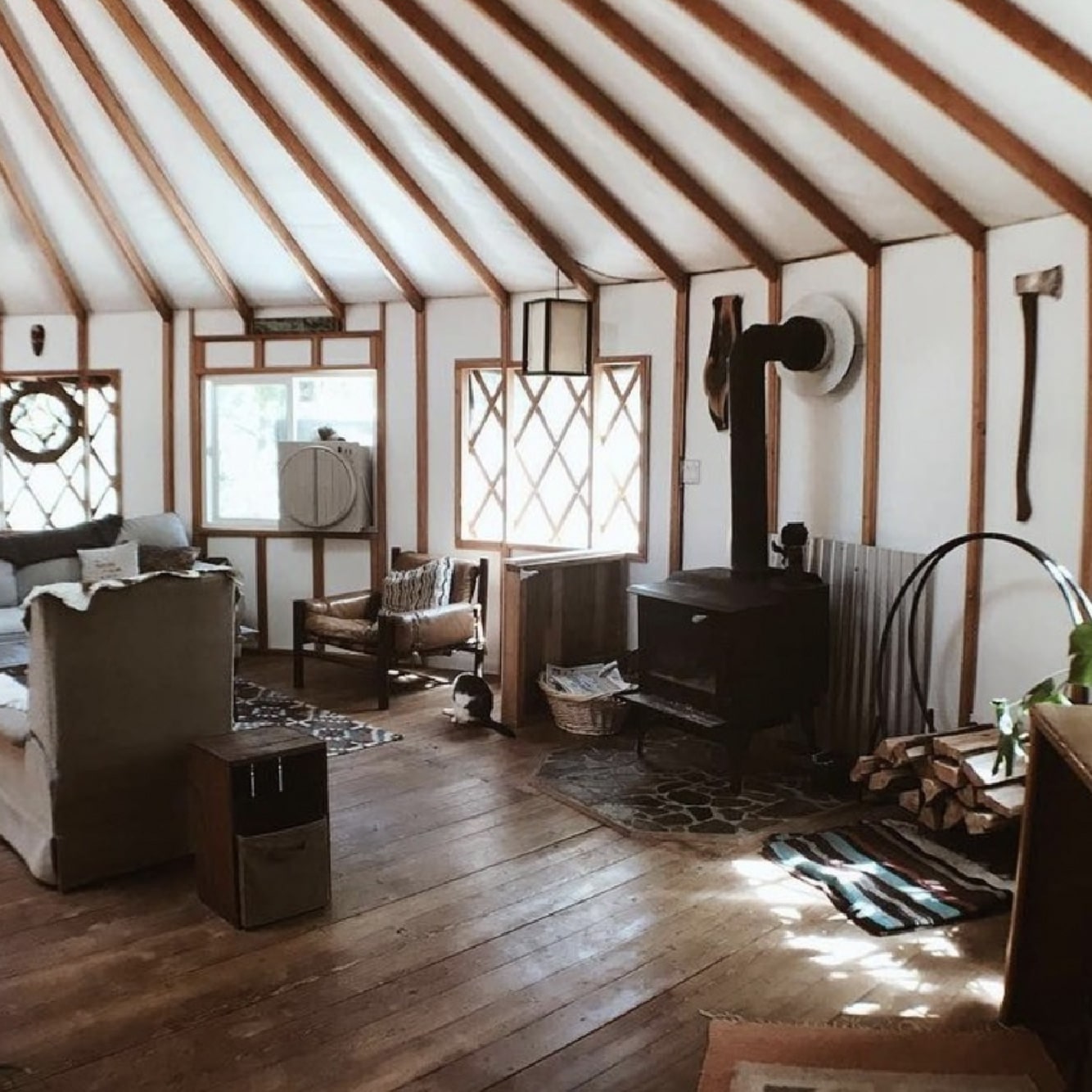 yurt living room with stove
