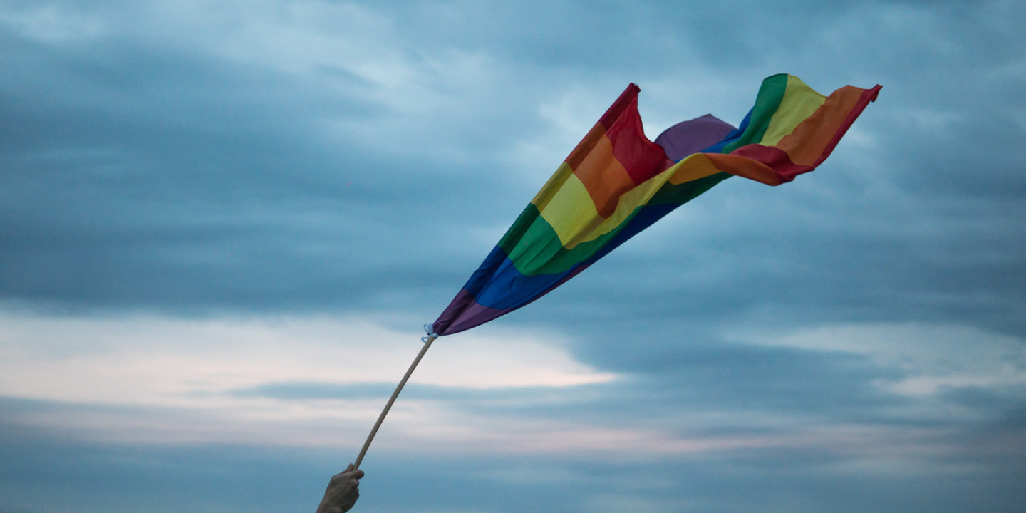 Rainbow flag waving against sky