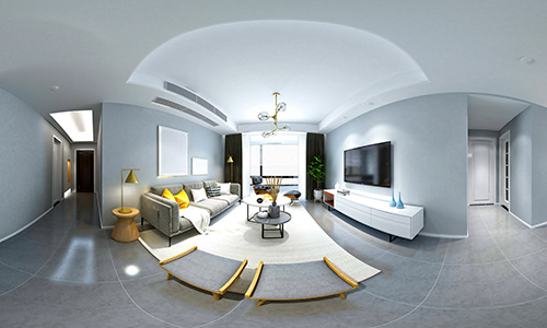 Fish eye effect of stylish hotel room with couch, large window, front door, and TV.