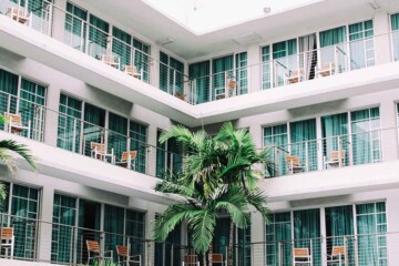 hotel balconies and palm trees