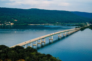 Aerial view of a bridge crossing the Tennessee River.