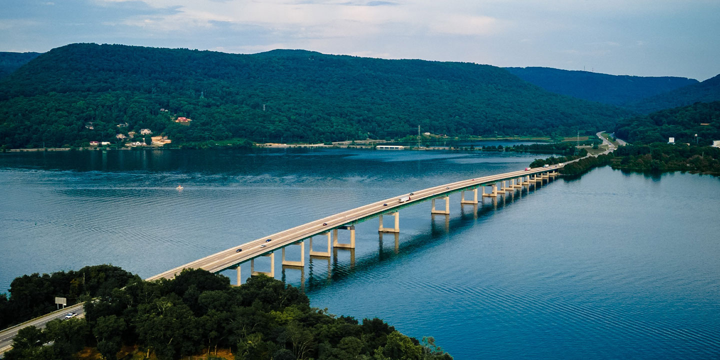 Aerial view of a bridge crossing the Tennessee River.