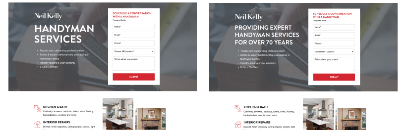 two neil kelly landing page comparison side-by-side.