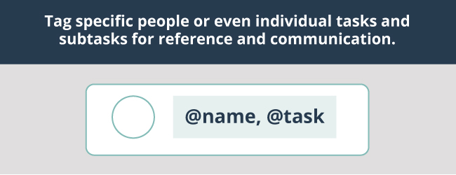Graphic that says, "Tag specific people or even individual tasks and subtasks for reference and communication."