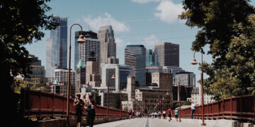 Cityscape view from a bridge in Minneapolis.