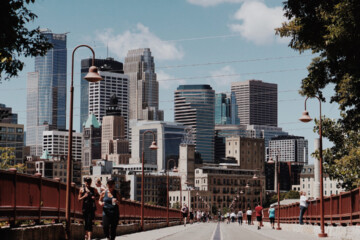 Cityscape view from a bridge in Minneapolis.