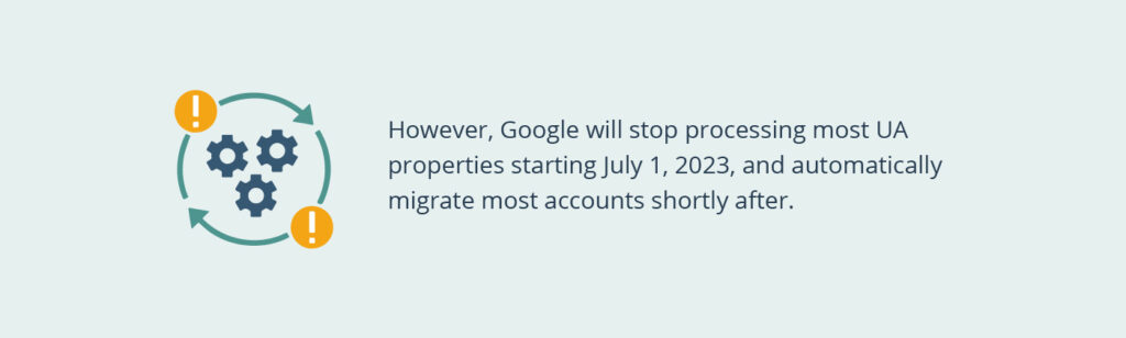 Google will stop processing most UA properties starting July 1, 2023, and automatically migrate most accounts shortly after.