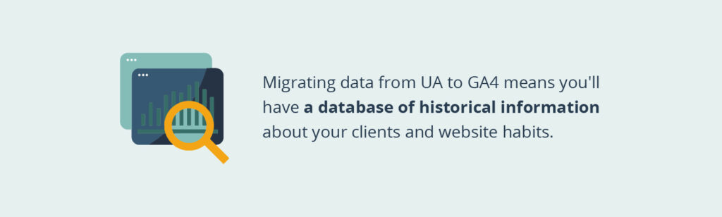 Migrating data from UA to GA4 means you'll have a database of historical information about your clients and website habits.