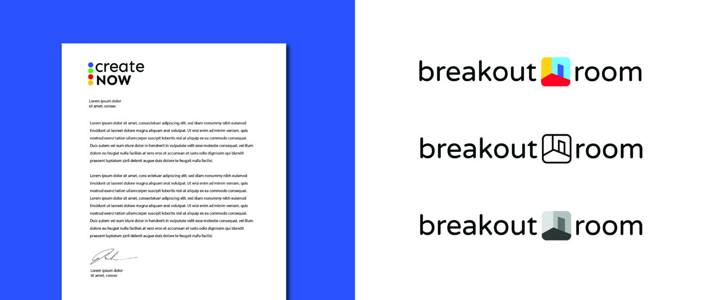 A graphic of the letterhead design for Create Now and breakout room logos on the right.