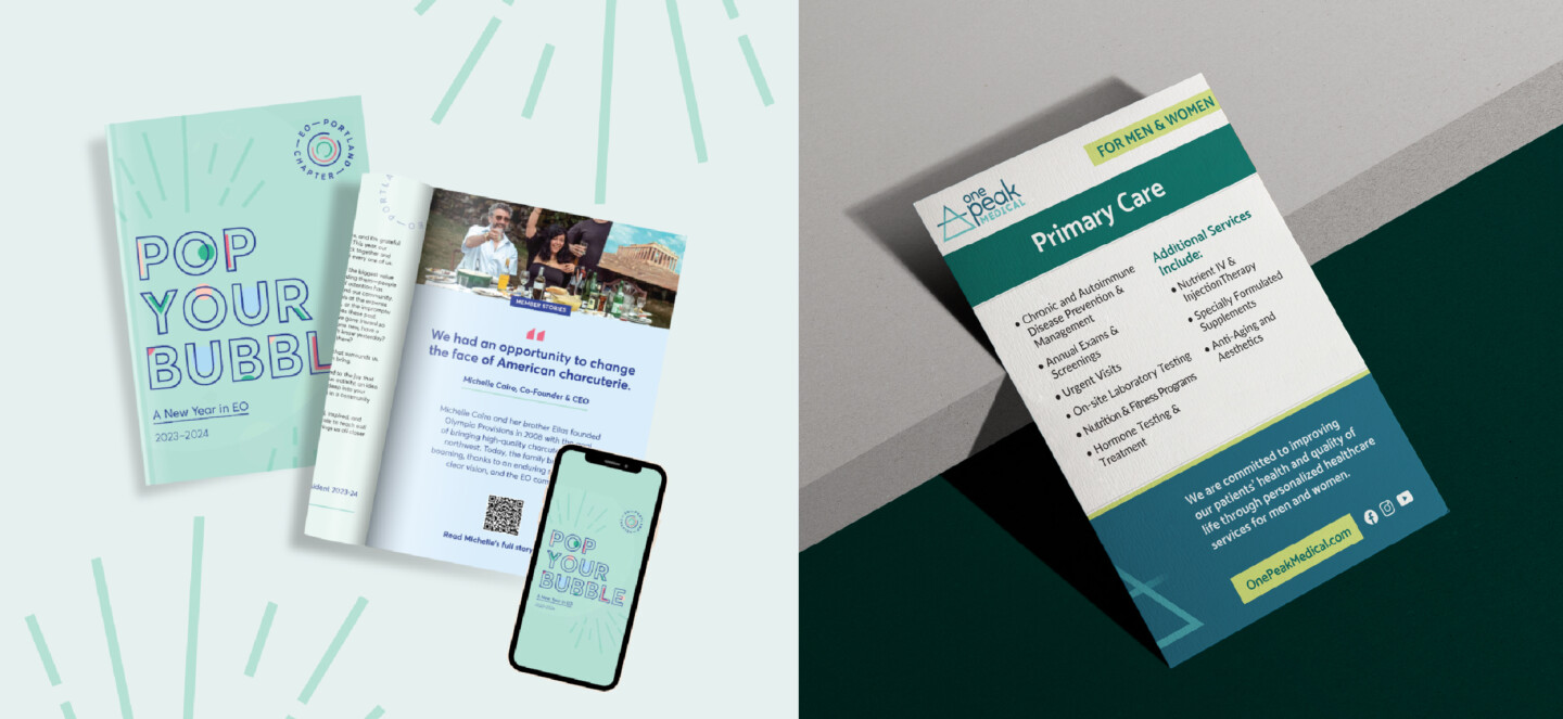 A mockup of print collateral Mad Fish Digital's design team has worked on: A booklet on the left and a services card on the right.