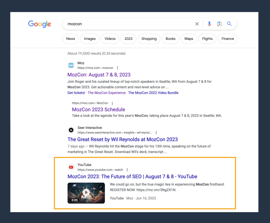 A Google Search result for the term MozCon with the video from Youtube highlighted to signify the importance of videos in search.