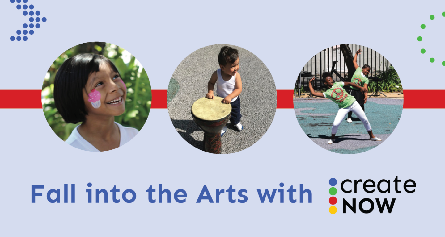 A CreateNow mockup banner with three images of children involved in art and a title saying Fall into the Arts with CreateNow.