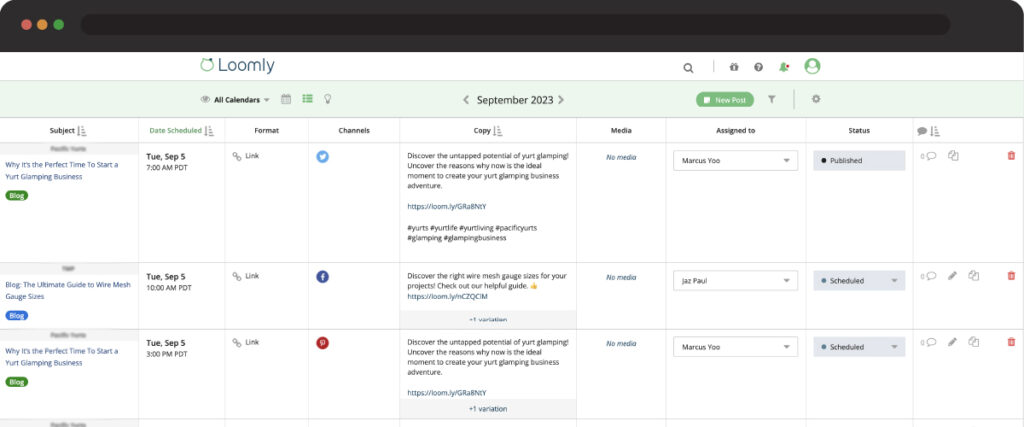 A screen shows the Loomly social media management calendar.