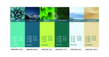 OnePeak Medical Pantone color palette including teal, dark blue, green, dark green, and more.