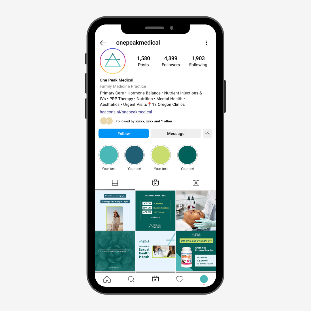 OnePeak Medical Instagram account on an iPhone.