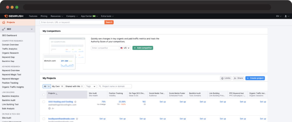 A screen showing Semrush's keyword research and mapping tools.