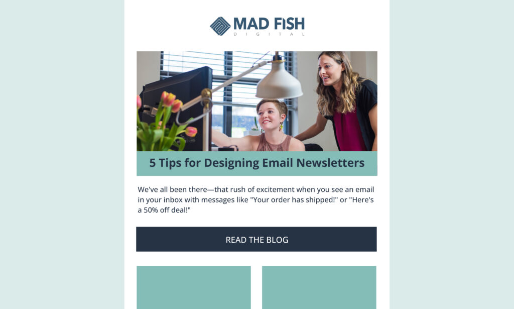 An email newsletter template that says 5 tips for designing email newsletters.