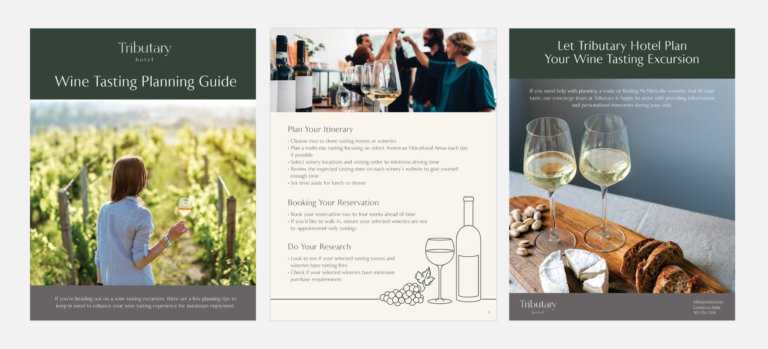 Variety of designed Tributary Hotel assets, including a wine tasting planning guide.