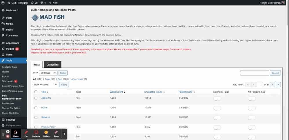 Backend of WordPress shows how to noindex.