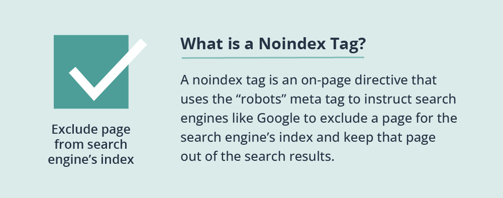 A noindex tag is an on-page directive that uses the “robots” meta tag to instruct search engines like Google to exclude a page for the search engine’s index and keep that page out of the search results.