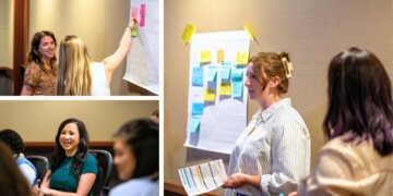 Mad Fish Digital employees plan marketing and business strategy in a conference room during their corporate retreat.