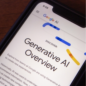 Smartphone shows generative AI overview website.