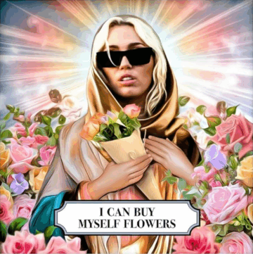 Miley Cyrus holding flowers.