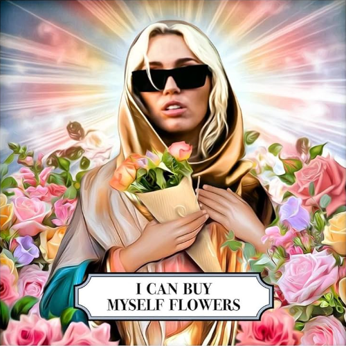 Miley Cyrus holding flowers.