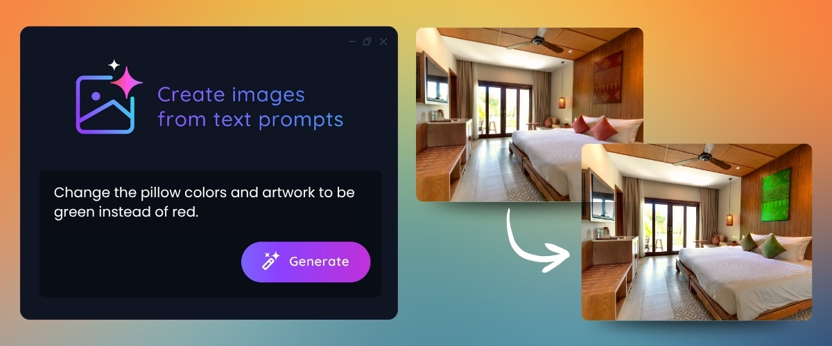 A design app mockup with a Generate button and two modern rooms on a gradient background.
