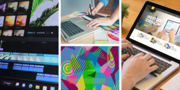 A collage of design work: video editing, color planning, laptop design, and bright geometric shapes.
