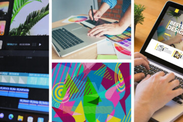 A collage of design work: video editing, color planning, laptop design, and bright geometric shapes.