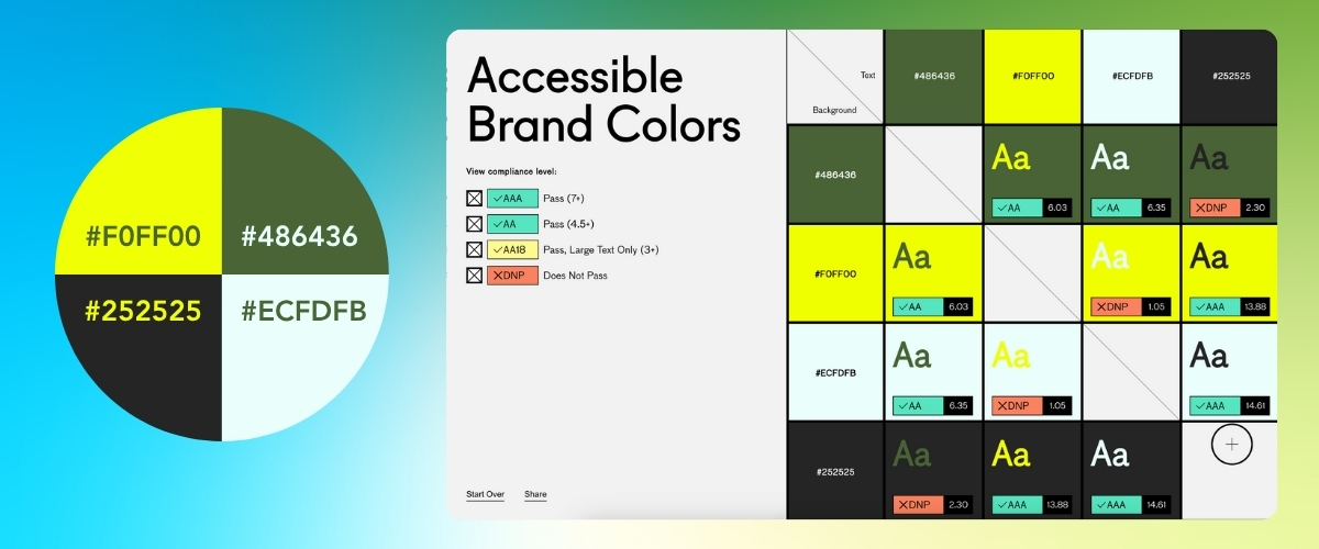A design board with accessible brand colors: hex codes and a swatch grid.