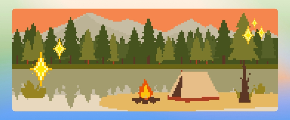 A pixel-art campground by a lake: trees, tent, campfire, and a bright starry ambiance under a sunset sky.