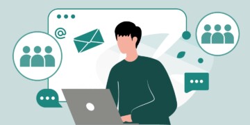 Person at laptop surrounded by symbols representing digital data and online activity.