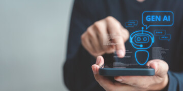 A person uses a smartphone, interacting with a holographic robot icon and chat bubbles labeled 