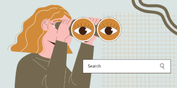 AI search visibility illustration of a person using binoculars to look for their brand beside a search bar